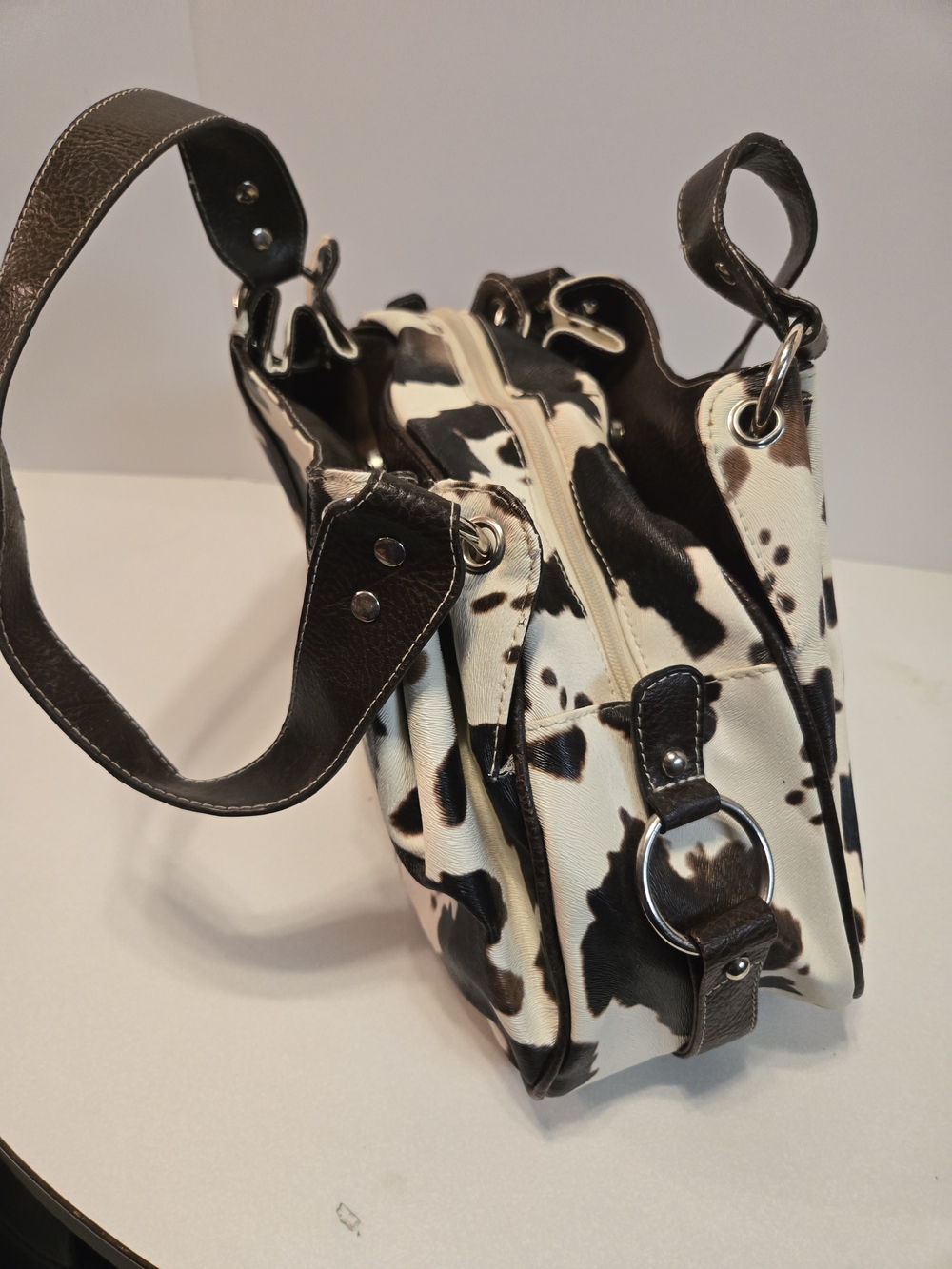 Vintage Cow-Print Satchel in Brown and White - Picture 9 of 12
